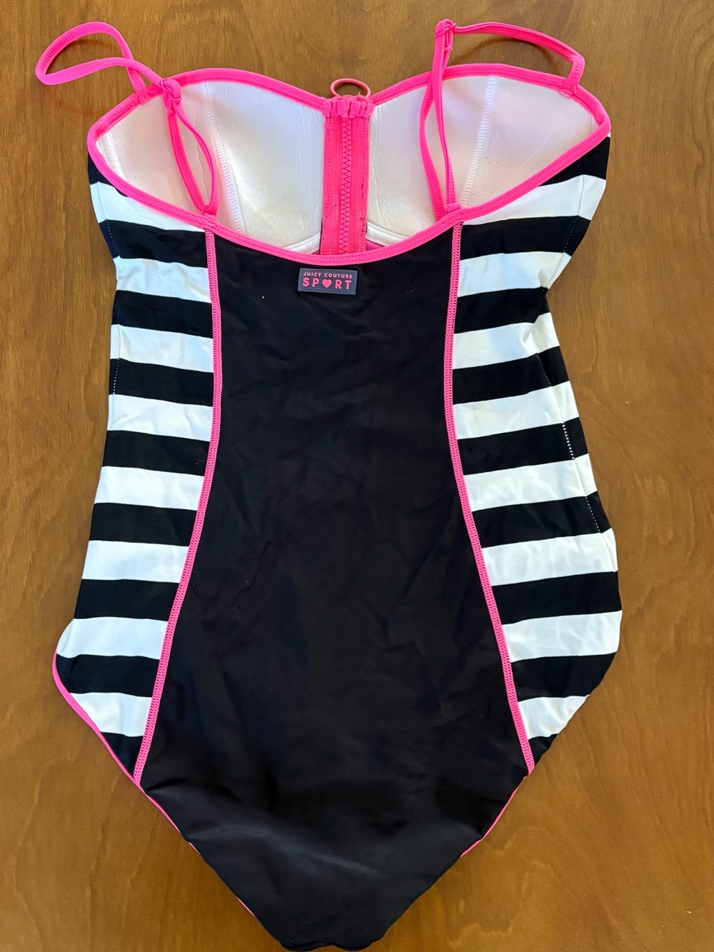 Juicy Couture Black, White & Hot Pink Stripe One-Piece Swim w/ Zipper Sz M NWOT - Picture 2 of 3